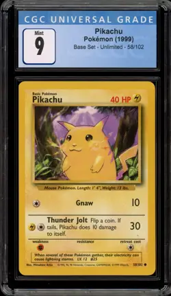 Pokemon Pikachu Base Set Unlimited Yellow Cheeks #58 CGC 9 Mint - Image 1