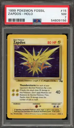 Pokemon Zapdos Fossil Unlimited Holo Rare #15 PSA 7 - Image 1