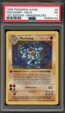 Pokemon Machamp Base Set Shadowless 1st Edition Holo Rare #8 PSA 1 - Image 1