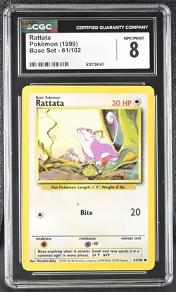 CGC 8 Rattata 1999 Base Set 61/102 Pokemon Card - Image 1