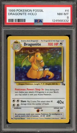 Pokemon Dragonite Fossil Unlimited Holo Rare #4 PSA 8 - Image 1