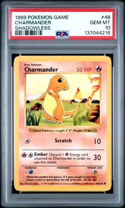 Pokemon Card Charmander 46/102 Shadowless Base Set 1999 PSA 10 GEM MINT - Image 1