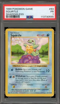 Pokemon Squirtle Base Set Shadowless #63 PSA 1 - Image 1