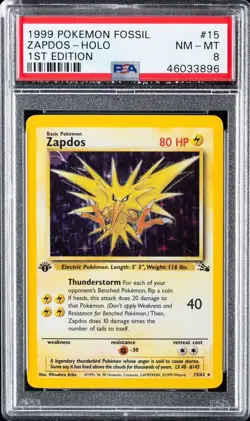 1999 POKEMON FOSSIL 1ST ED #15 ZAPDOS-HOLO PSA 8 NM-MT - Image 1