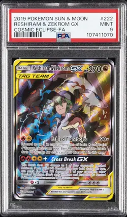 2019 POKEMON SUN & MOON COSMIC ECLIPSE #222 FULL ART/RESHIRAM & ZEKROM GX PSA 9 - Image 1