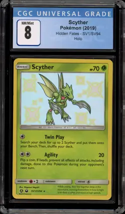 Pokemon Scyther Hidden Fates Holo Rare #SV1 CGC 8 - Image 1