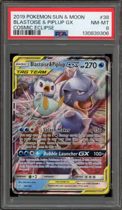 Pokemon Blastoise & Piplup GX Cosmic Eclipse Holo Ultra Rare #38 PSA 8 - Image 1