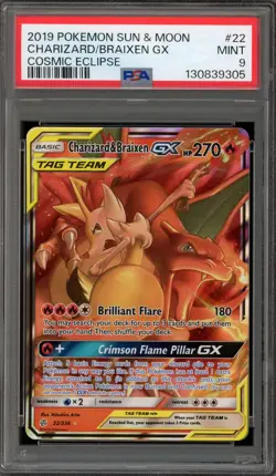 Pokemon Charizard & Braixen GX Cosmic Eclipse Holo Ultra Rare #22 PSA 9 Mint - Image 1