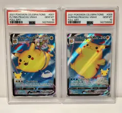 2021 Pokemon Celebrations Lot of 2 PSA 10-GEM MINT Cards: Fly/Surf Pikachu VMAX - Image 1