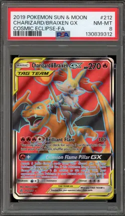 Pokemon Charizard & Braixen GX Cosmic Eclipse Full Art #212 PSA 8 - Image 1