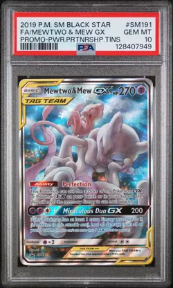 2019 Pokemon Black Star Promo Mewtwo & Mew Gx Power Partnership Tn #SM191 PSA 10 - Image 1