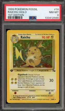 Pokemon Raichu Fossil 1st Edition Holo Rare #14 PSA 8 - Image 1