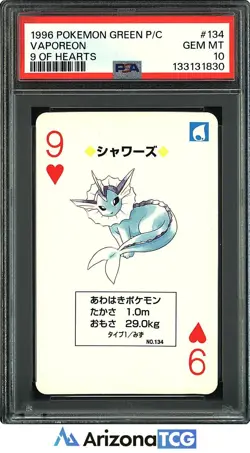 Pokemon 1996 Vaporeon 134 9 Of Hearts Green Playing Cards Japanese PSA 10 - Image 1