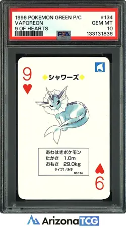 Pokemon 1996 Vaporeon 134 9 Of Hearts Pokemon Green Playing Card Japanese PSA 10 - Image 1