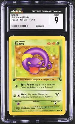 CGC MINT 9 Pokemon Ekans 46/62 1999 Fossil 1st Edition - Image 1