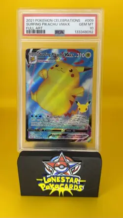 2021 POKEMON CELEBRATIONS #009 FULL ART/SURFING PIKACHU VMAX PSA 10 - Image 1