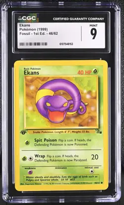 CGC MINT 9 Pokemon Ekans 46/62 1999 Fossil 1st Edition - Image 1