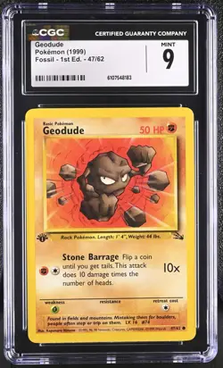 CGC MINT 9 Pokemon Geodude 47/62 1999 Fossil 1st Edition - Image 1