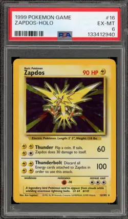 Pokemon Zapdos Base Set Unlimited Holo Rare #16 PSA 6 - Image 1