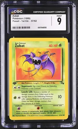 CGC MINT 9 Pokemon Zubat 57/62 1999 Fossil 1st Edition - Image 1