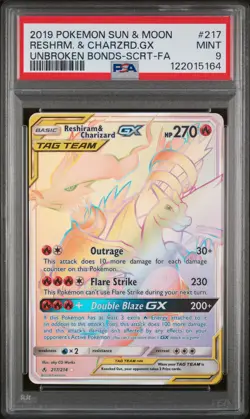 2019 Pokemon Unbroken Bonds Reshiram & Charizard Gx Full Art Secret #217 PSA 9 - Image 1
