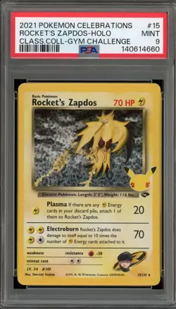 Pokemon Rocket's Zapdos Celebrations Classic Coll. Gym Challenge Holo #15 PSA 9 - Image 1