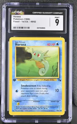 CGC MINT 9 Pokemon Horsea 49/62 1999 Fossil 1st Edition - Image 1