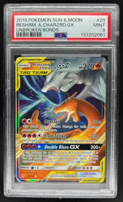 2019 Pokemon SM Unbroken Bonds Reshiram Charizard Tag Team Holo #20/214 PSA 9 - Image 1