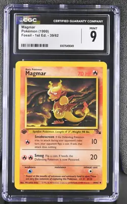 CGC MINT 9 Pokemon Magmar 39/62 1999 Fossil 1st Edition - Image 1