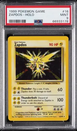 1999 POKEMON BASE SET UNLIMITED #16 ZAPDOS-HOLO PSA 9 - Image 1