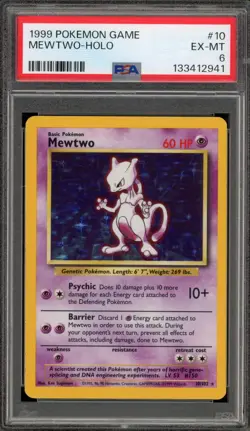 Pokemon Mewtwo Base Set Unlimited Holo Rare #10 PSA 6 - Image 1