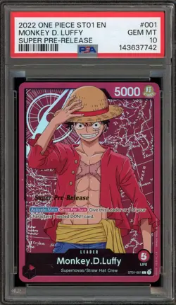 One Piece CCG Monkey.D.Luffy Super Pre-Release ST01-001 PSA 10 Gem Mint - Image 1