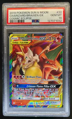 2019 Pokemon Cosmic Eclipse Charizard Braixen Tag Team Holo #22/236 PSA 10 - Image 1