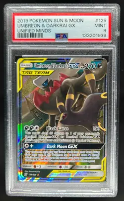 2019 Pokemon Sun Moon Unified Minds Umbreon Darkrai Tag Team Holo #125/236 PSA 9 - Image 1