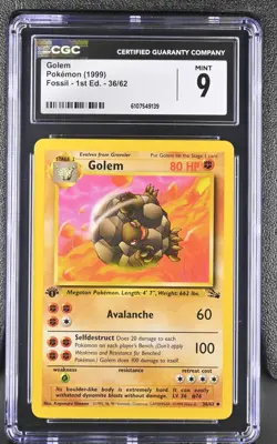 CGC MINT 9 Pokemon Golem 36/62 1999 Fossil 1st Edition - Image 1