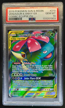 2019 Pokemon Sun & Moon Cosmic Eclipse Venusaur Snivy Tag Team #210/236 PSA 10 - Image 1