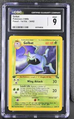 CGC MINT 9 Pokemon Golbat 34/62 1999 Fossil 1st Edition - Image 1