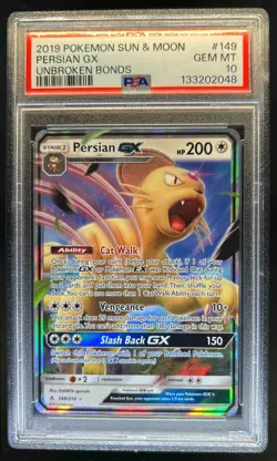 2019 Pokemon Sun & Moon Unbroken Bonds Persian Holo #149/214 PSA 10 - Image 1