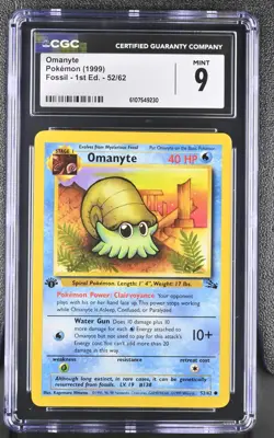 CGC MINT 9 Pokemon Omanyte 52/62 1999 Fossil 1st Edition - Image 1
