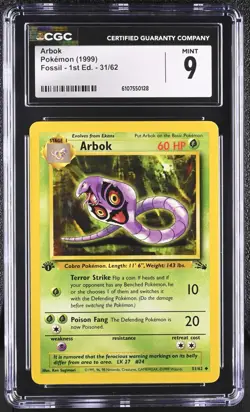 CGC MINT 9 Pokemon Arbok 31/62 1999 Fossil 1st Edition - Image 1