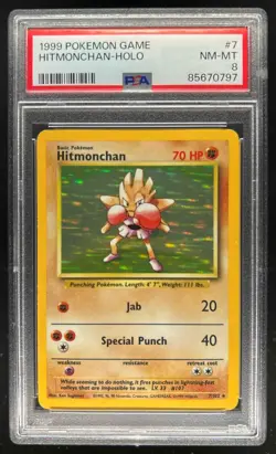 1999 Pokemon Unlimited Hitmonchan Rare Holo #7/102 PSA 8 - Image 1