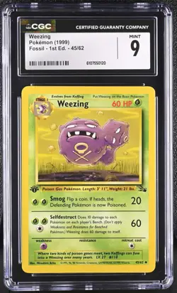 CGC MINT 9 Pokemon Weezing 45/62 1999 Fossil 1st Edition - Image 1