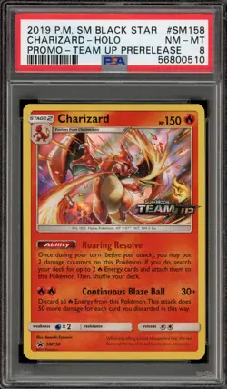 Pokemon Charizard Team Up Prerelease Black Star Holo Promo SM158 PSA 8 - Image 1