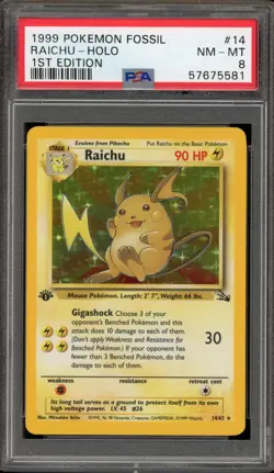 Pokemon Raichu Fossil 1st Edition Holo Rare #14 PSA 8 - Image 1