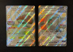 Great Tusk & Iron Treads - 2 Card Lot (Full Art Shiny EX Paldean Fates Stamped) - Image 1