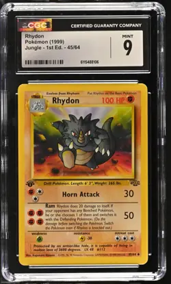 CGC MINT 9 Pokemon Rhydon 45/64 1999 Jungle 1st Edition - Image 1