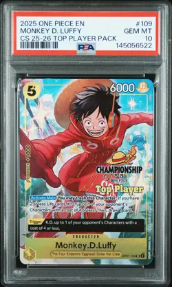 2025 ONE PIECE CHAMP 25-26 TOP PLAYER PACK #109 MONKEY D. LUFFY PSA 10 - Image 1