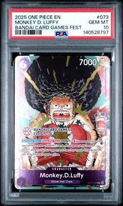 2025 ONE PIECE PROMOS BANDAI CARD GAMES FEST #073 MONKEY D. LUFFY PSA 10 - Image 1