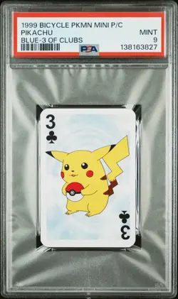 1999 BICYCLE POKEMON MINI PLAYING CARDS BLUE DECK 3 OF CLUBS PIKACHU PSA 9 - Image 1