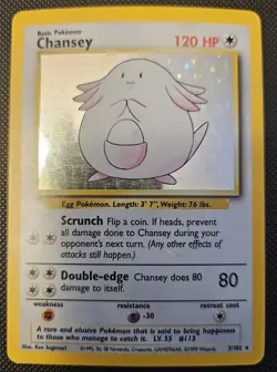 Pokemon Chansey 3/102 Holo Rare Base Set Card Vintage 1999 - Image 1